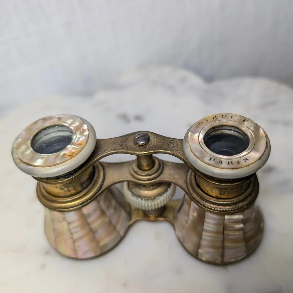 Antique French Mother of Pearl Brass Opera Glasses Le Souverain Paris Binoculars